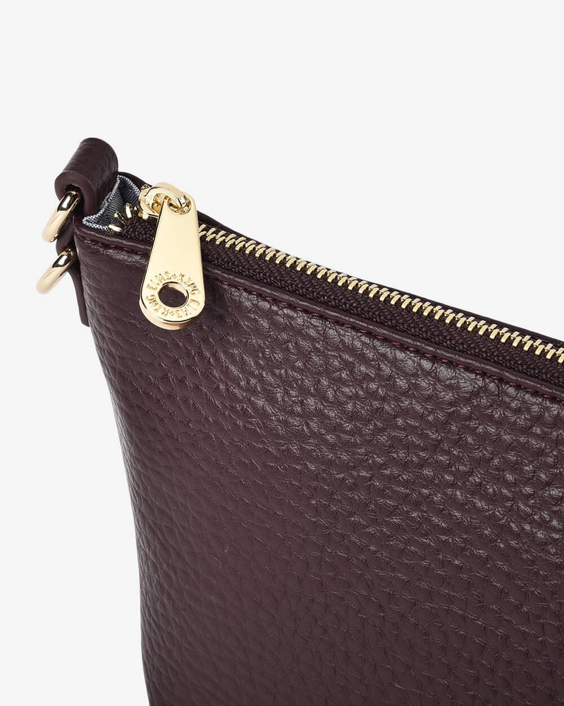Close-up of a leather pouch with a gold zipper on a white background