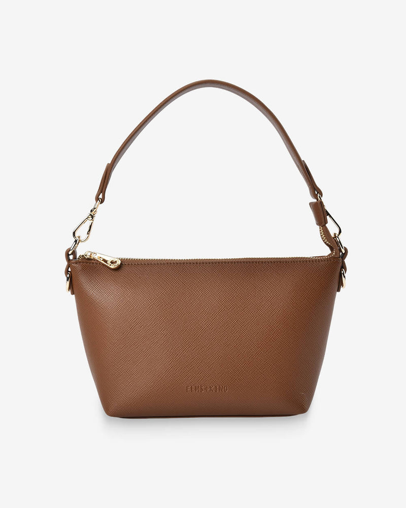 Elms+King Leyton Tan crossbody with interchangeable straps.