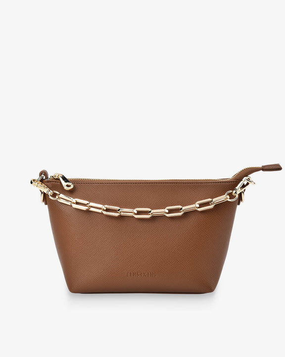 Women's structured Tan Saffiano shoulder and crossbody bag.