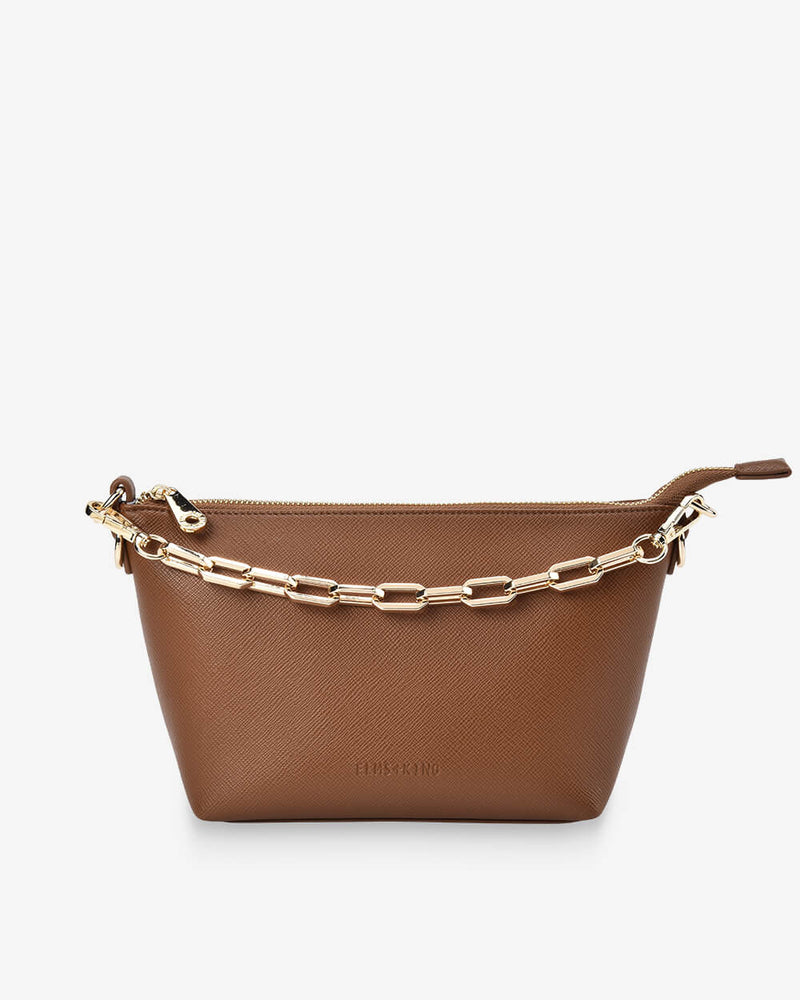 Women's structured Tan Saffiano shoulder and crossbody bag.