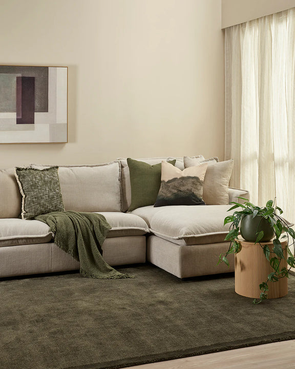 Modern living room with a sectional sofa, decorative pillows, and a plant. Lily Olive Throw