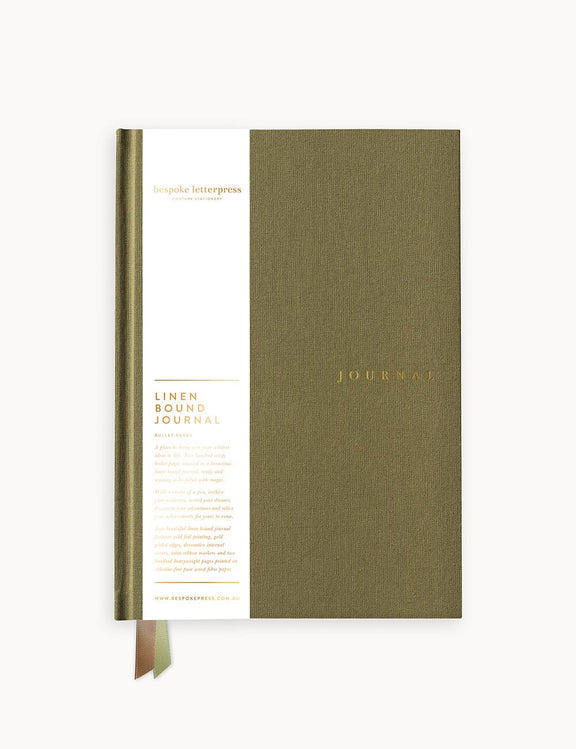 Saltmarsh Green linen bound bullet journal with gold foil detailing and gilded page edges.