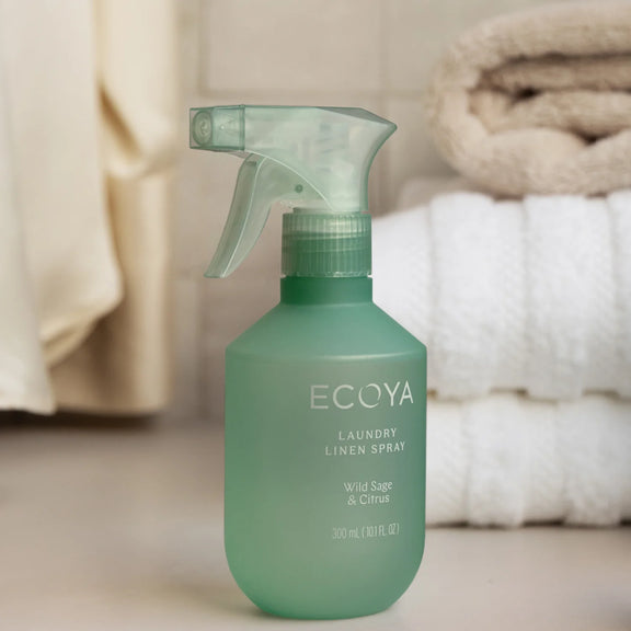 ECOYA Laundry Collection Linen Spray with citrus, fig, sage, amber and sandalwood fragrance.