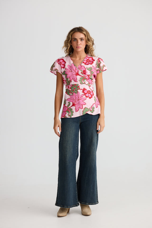 Lottie Wrap Top Pink Ibiza – linen blend women’s wrap blouse