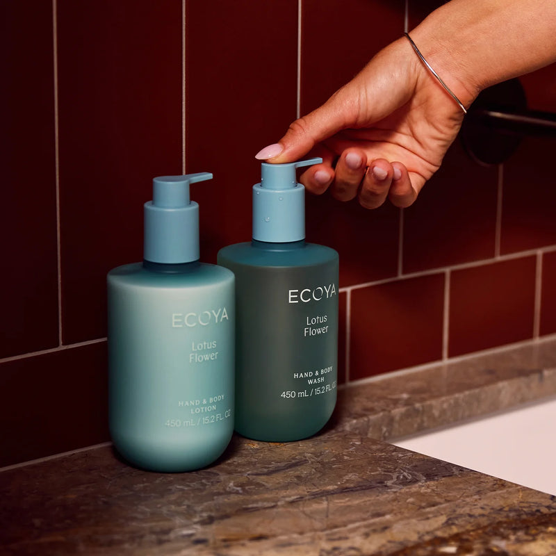 Botanical lotus scented body lotion - styled in bathroom