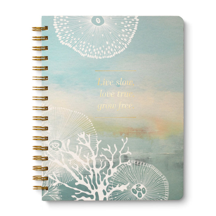 Live Slow, Love True, Grow Free spiral notebook by Steve Potter with coastal-inspired artwork and lined pages.