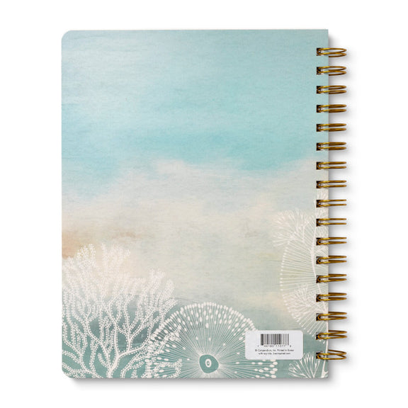 Live Slow, Love True, Grow Free spiral notebook by Steve Potter with coastal-inspired artwork and lined pages. Back cover.