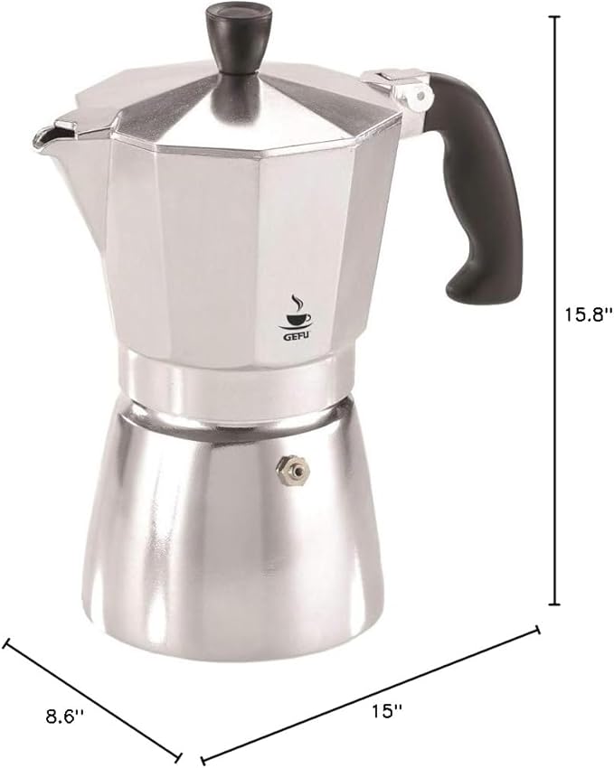 Stainless steel espresso maker with black handle and GESU branding, shown with dimensions on a white background.