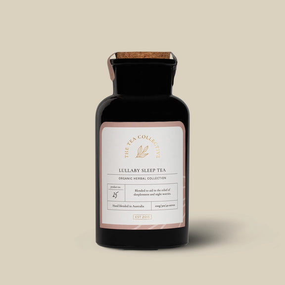 Lullaby Sleep Tea by The Tea Collective in an apothecary-style glass jar.
