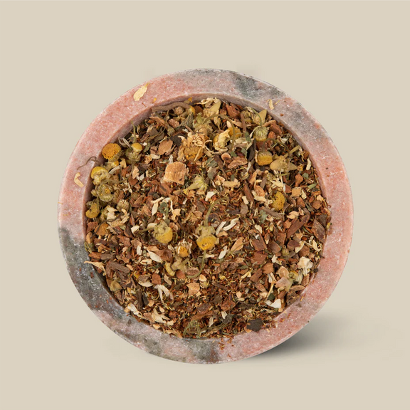 Organic loose leaf herbal tea with chamomile, rooibos and lemon balm.
