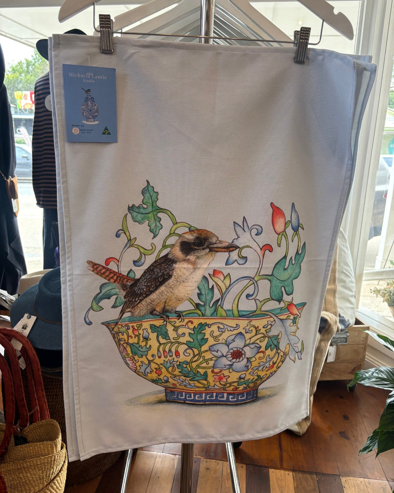 Michaela Laurie Studio kookaburra tea towel with whimsical Australian bird artwork.