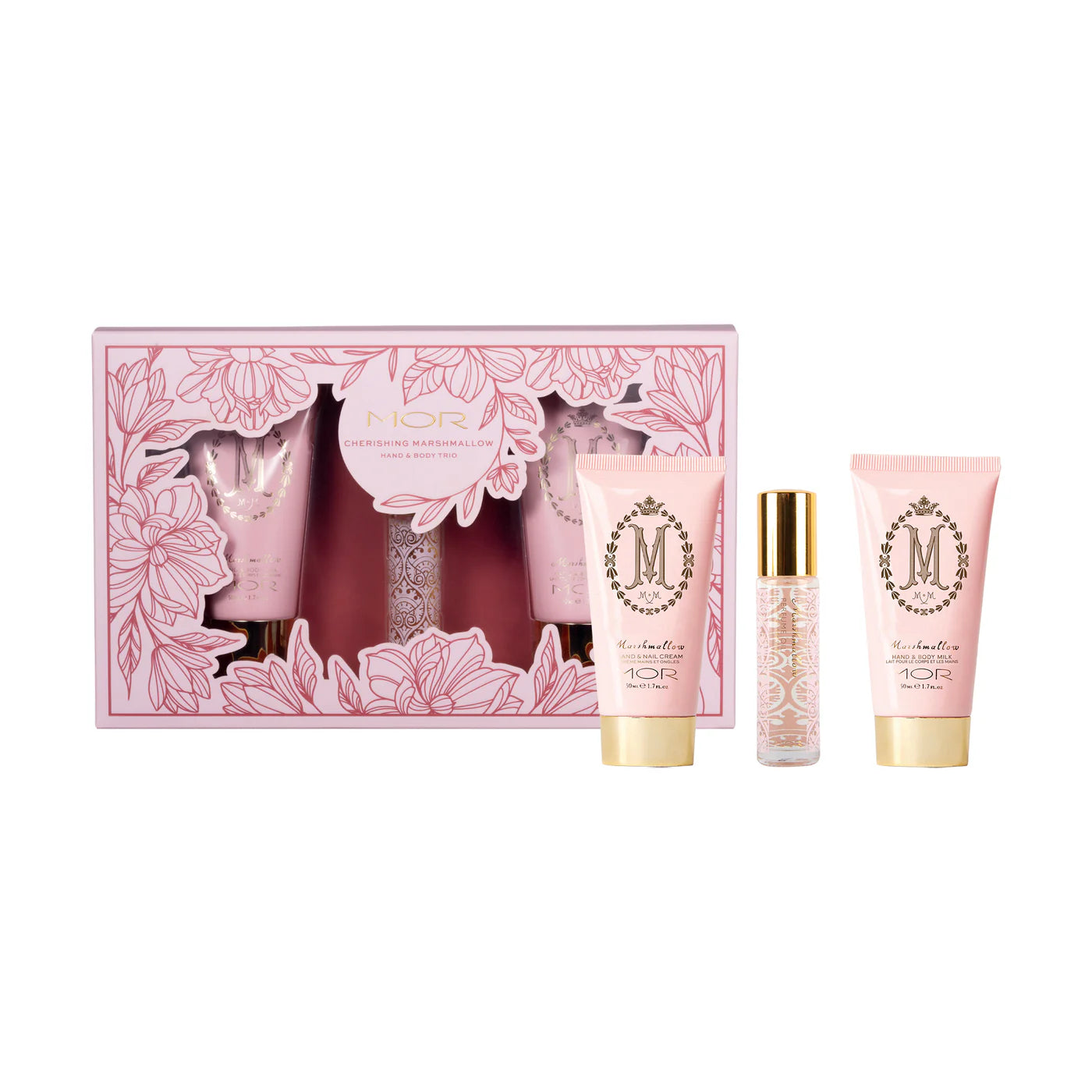 MOR skincare product set with floral design on a white background