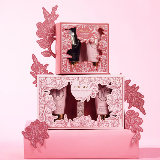 MOR gift set with floral design on a pink background