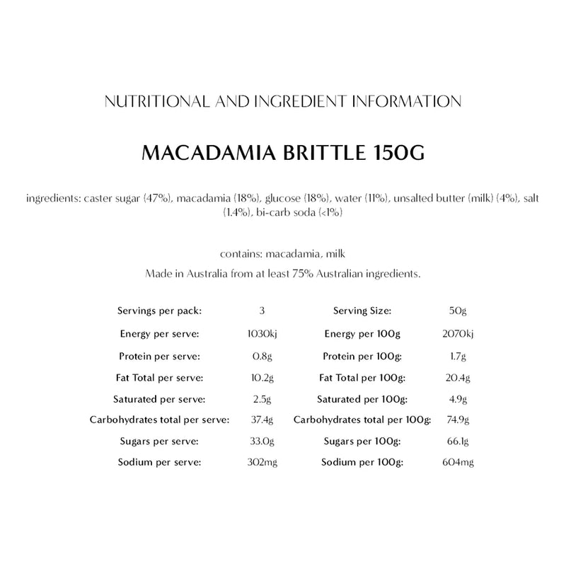 Nutritional and ingredient information for Macadamia Brittle 150g on a white background