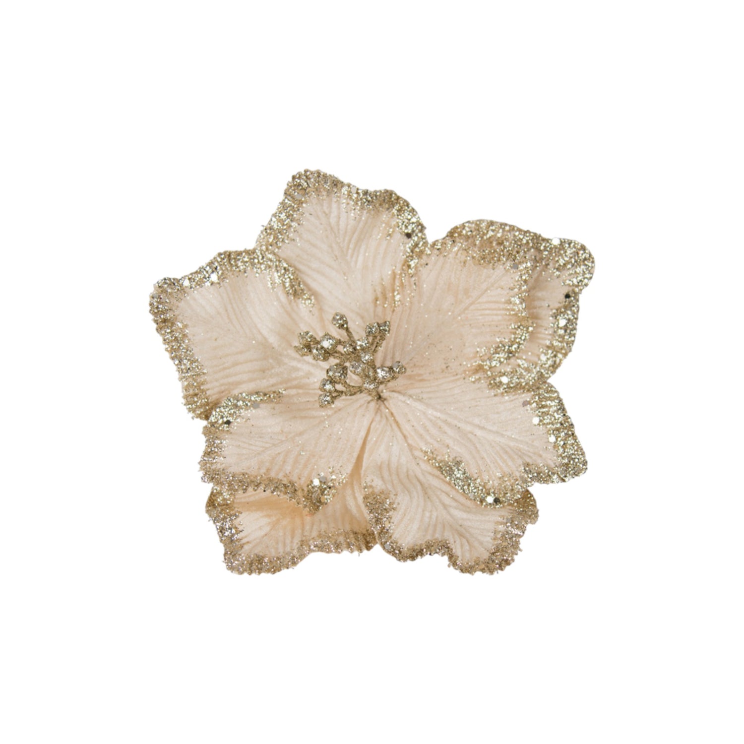 Champagne magnolia clip-on flower with gold glitter edge