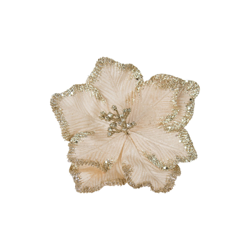 Champagne magnolia clip-on flower with gold glitter edge