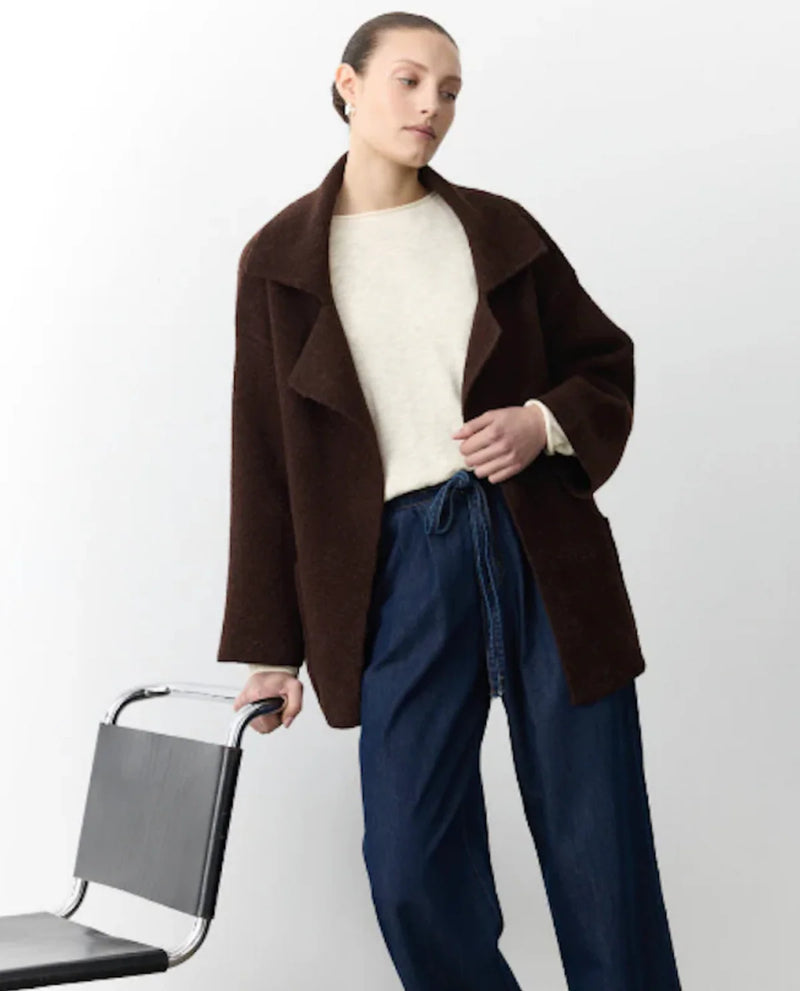Little Lies Mahalia Coatigan in chocolate brown with oversized knit design and wide lapel collar.
