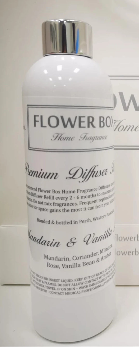 300ml Mandarin and Vanilla Bean reed diffuser refill by Flower Box Home Fragrance.