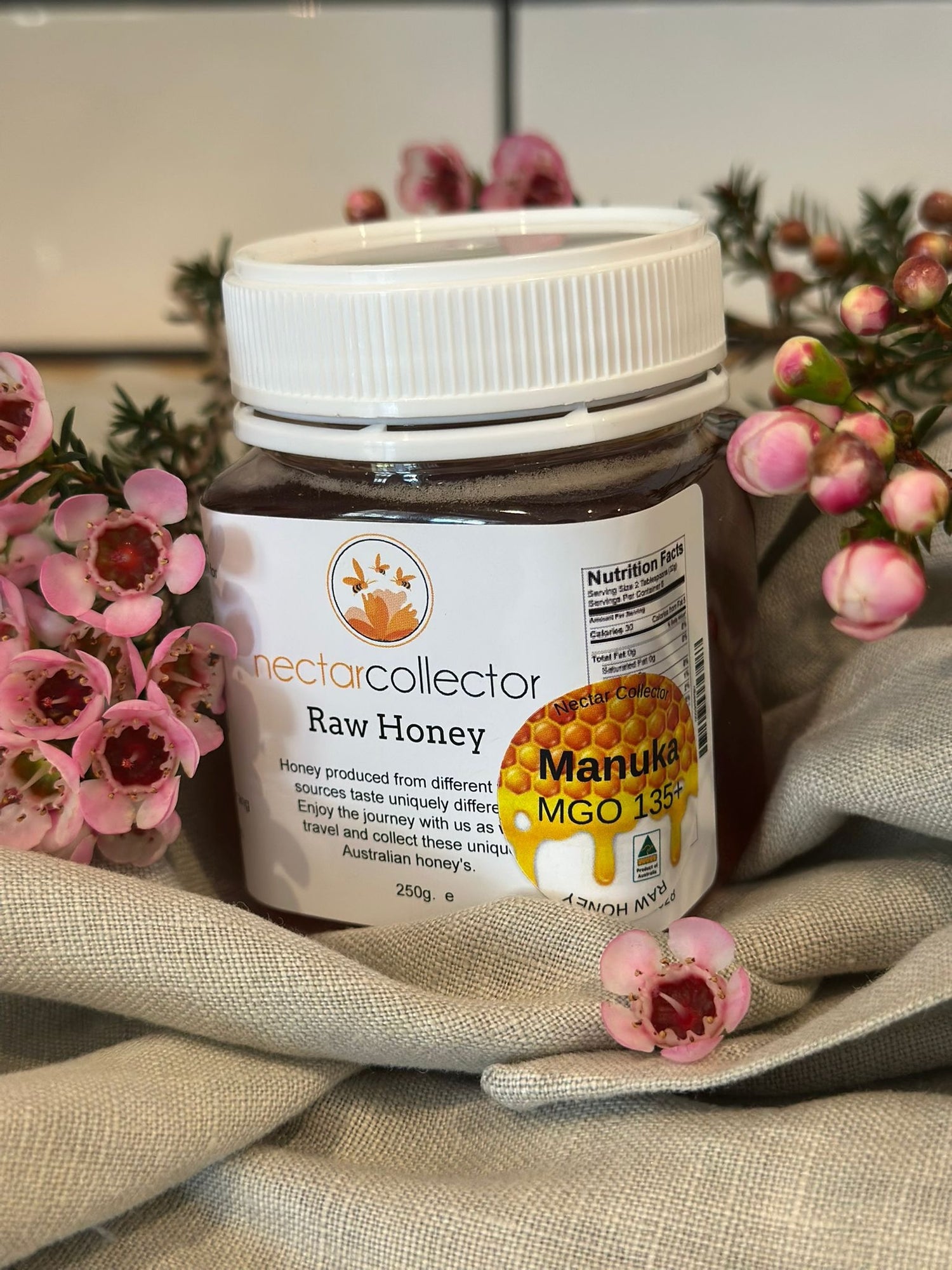 Nectarcollector raw Manuka honey MGO 135+ in a 250g jar, Australian-made honey from Manuka floral sources.