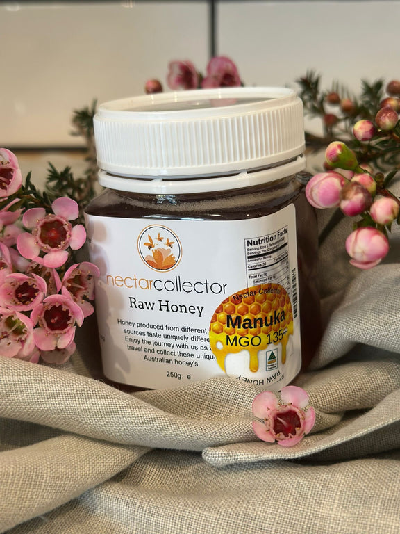Nectarcollector raw Manuka honey MGO 135+ in a 250g jar, Australian-made honey from Manuka floral sources.