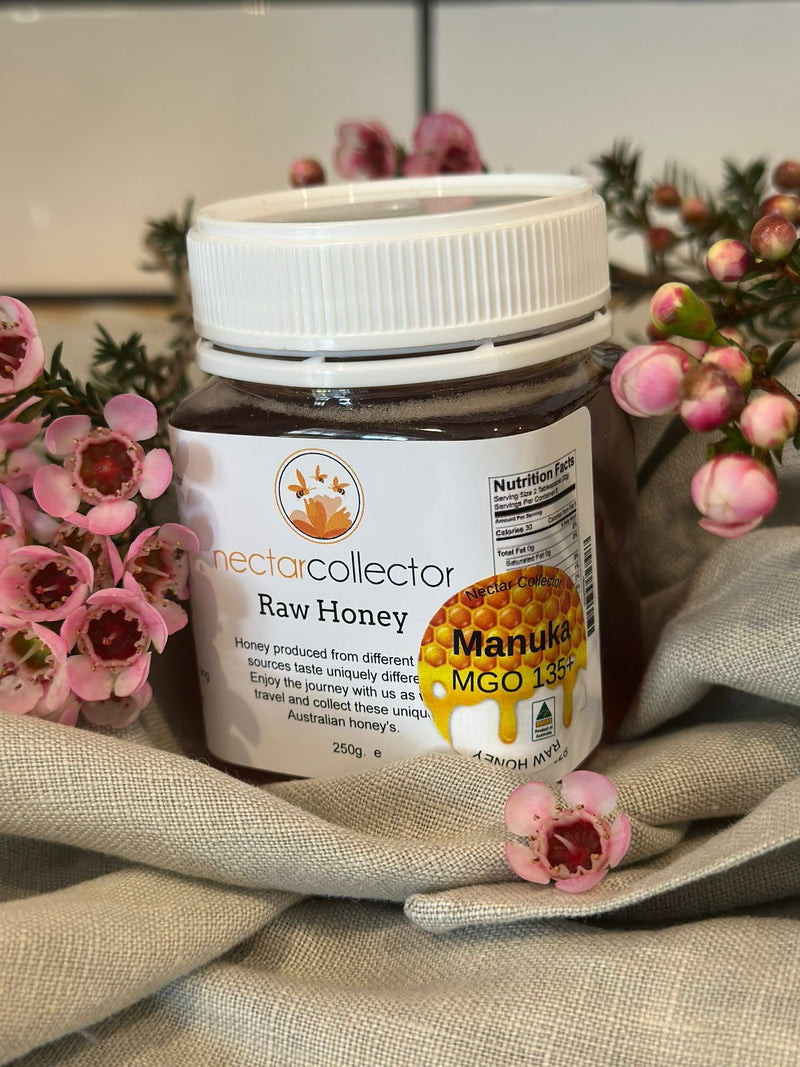 Nectarcollector raw Manuka honey MGO 135+ in a 250g jar, Australian-made honey from Manuka floral sources.