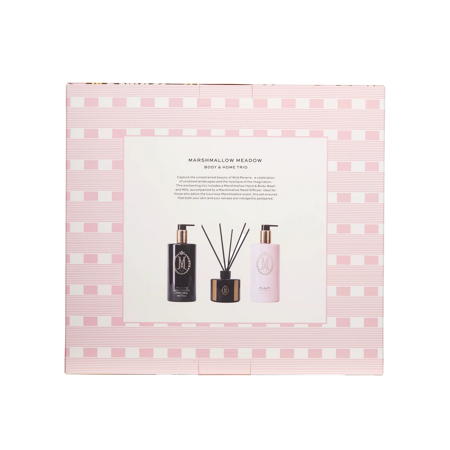 Gift set packaging with three products on a pink checkered background