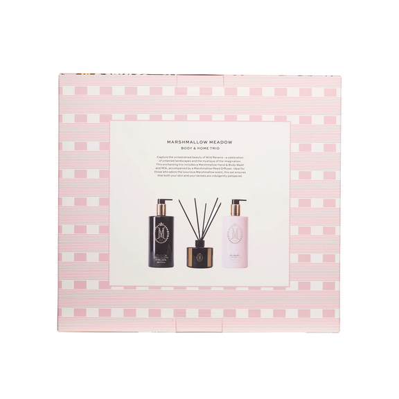 Gift set packaging with three products on a pink checkered background