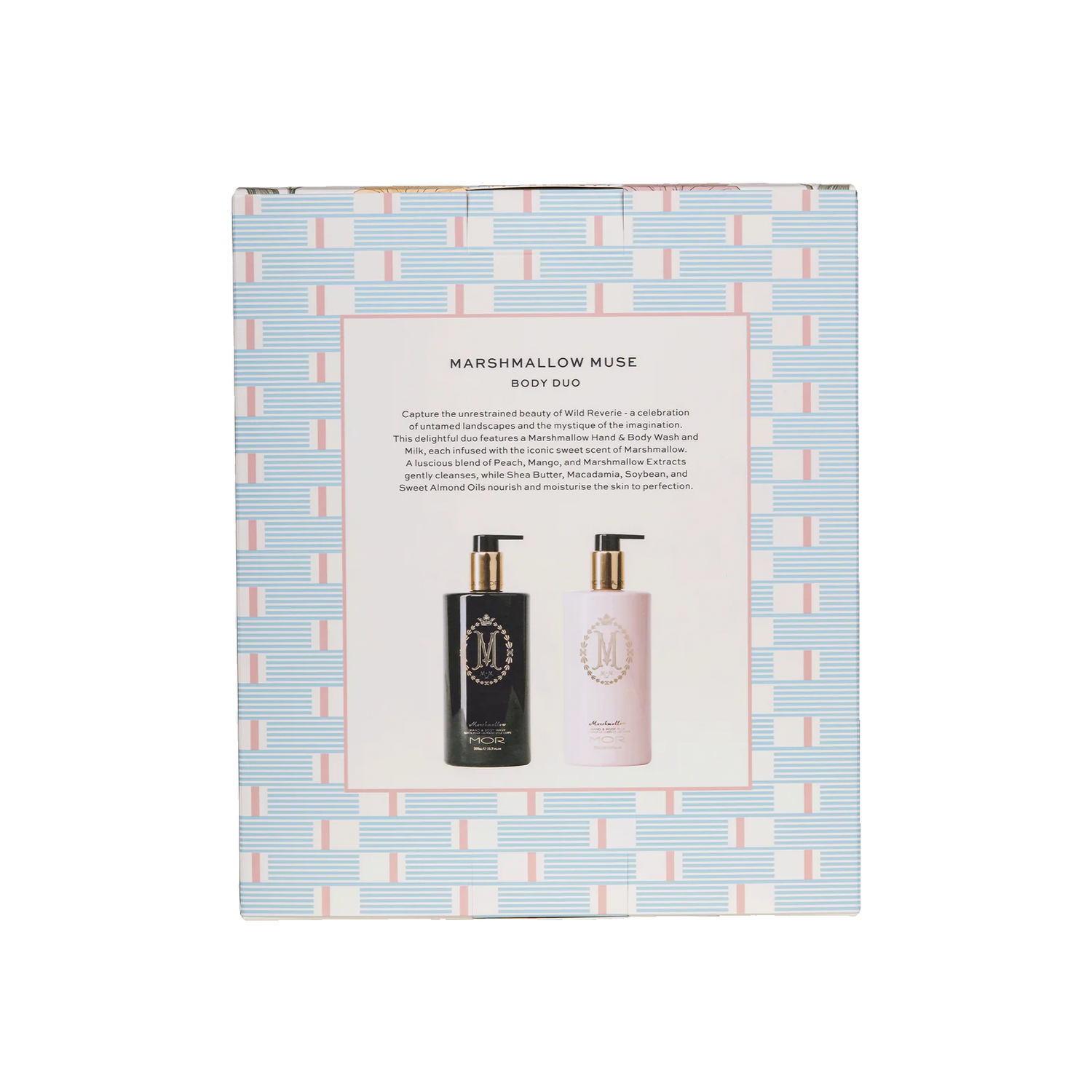 Marshmallow Muse body care set packaging with two bottles on a patterned background