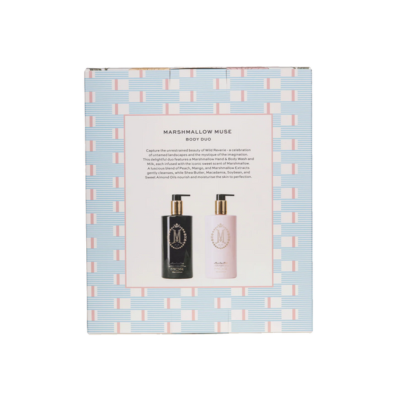 Marshmallow Muse body care set packaging with two bottles on a patterned background