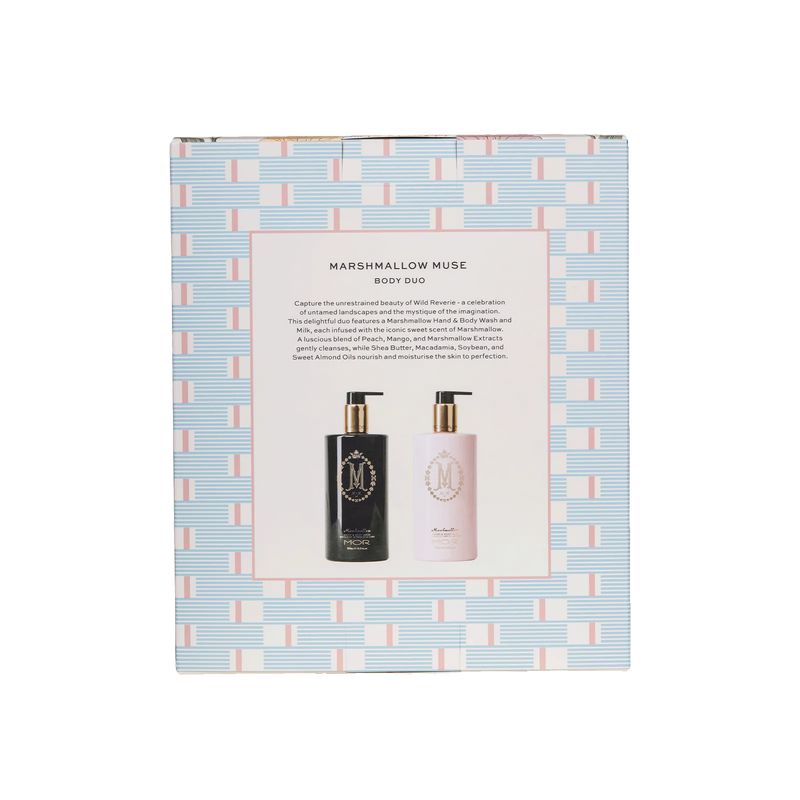 Marshmallow Muse body care set packaging with two bottles on a patterned background