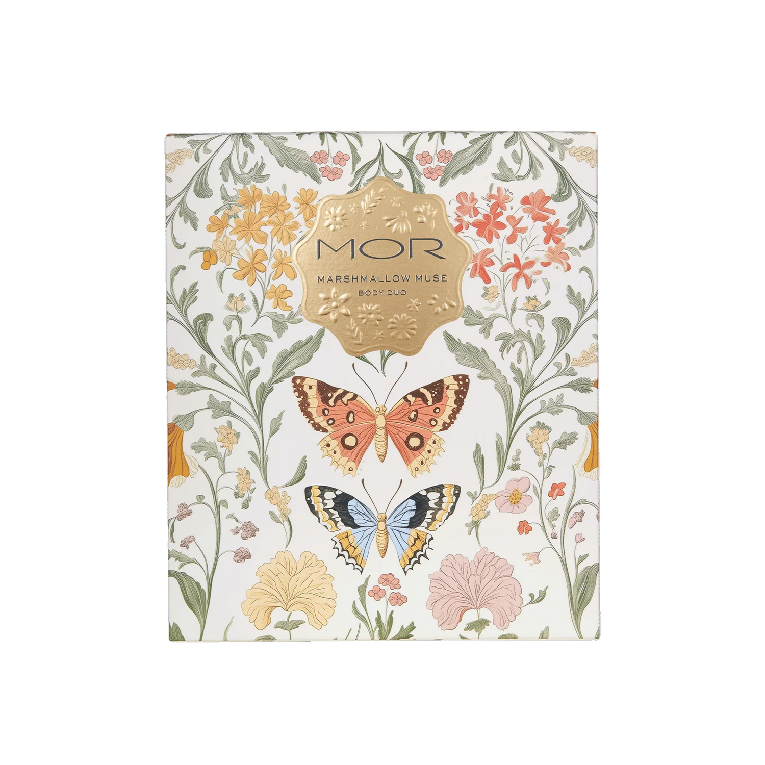 Product packaging with floral design and butterflies on a white background