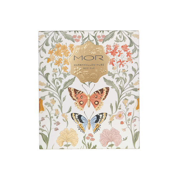 Product packaging with floral design and butterflies on a white background