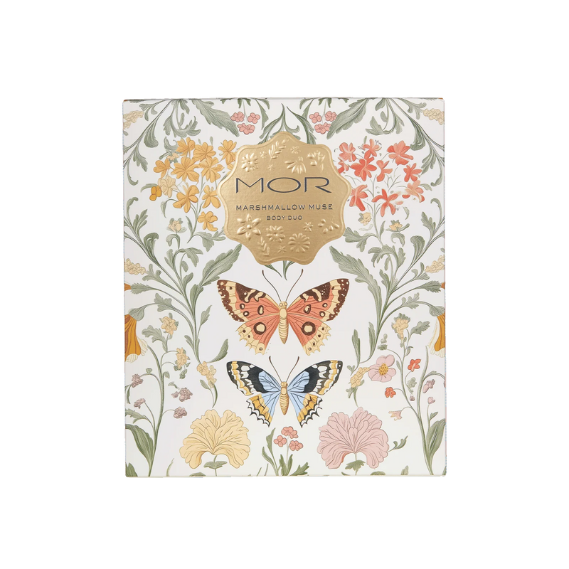 Product packaging with floral design and butterflies on a white background