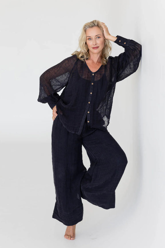 eadie linen blouse midnight balloon sleeve top