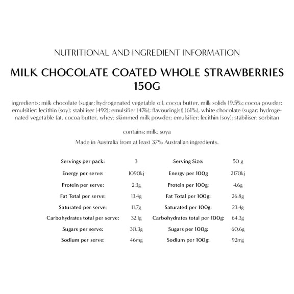 Nutritional and ingredient information for milk chocolate coated whole strawberries 150g packaging.