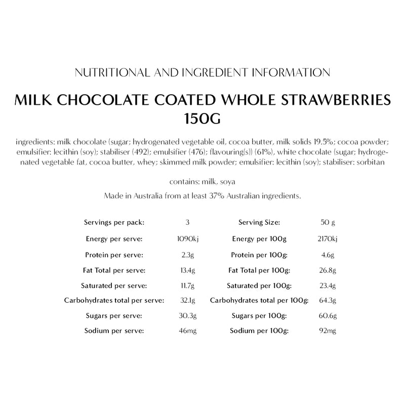 Nutritional and ingredient information for milk chocolate coated whole strawberries 150g packaging.