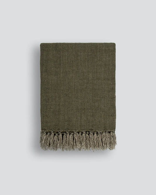100 percent linen throw with tassels winter moss
