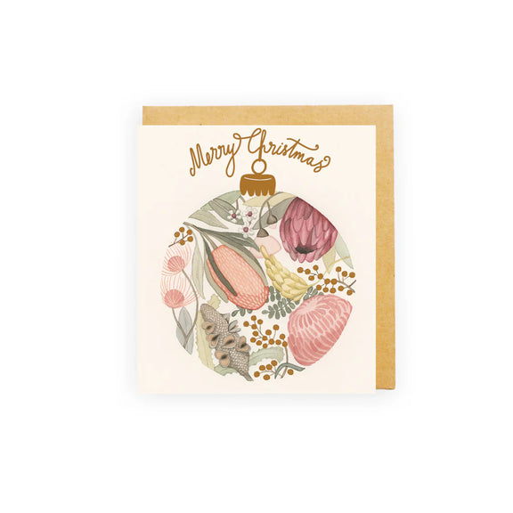 Mini Bauble Bloom Christmas card with gold foil details and native Australian flowers