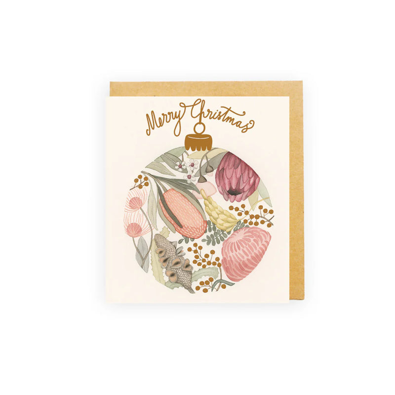 Mini Bauble Bloom Christmas card with gold foil details and native Australian flowers
