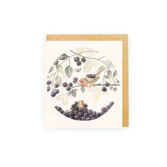 Mini greeting card featuring robin birds and blackberries