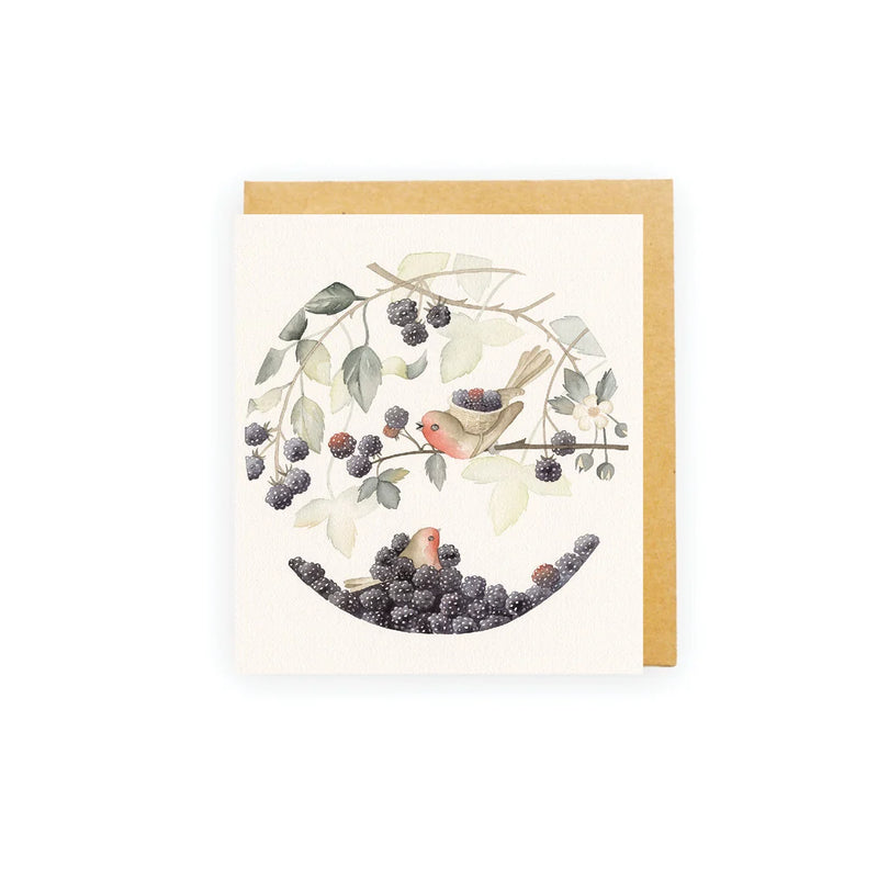 Mini greeting card featuring robin birds and blackberries