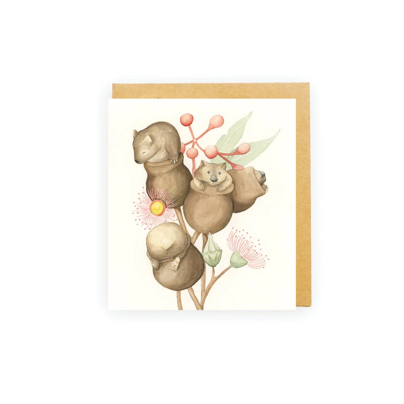 Australian wombat gift card with colourful native floral illustration