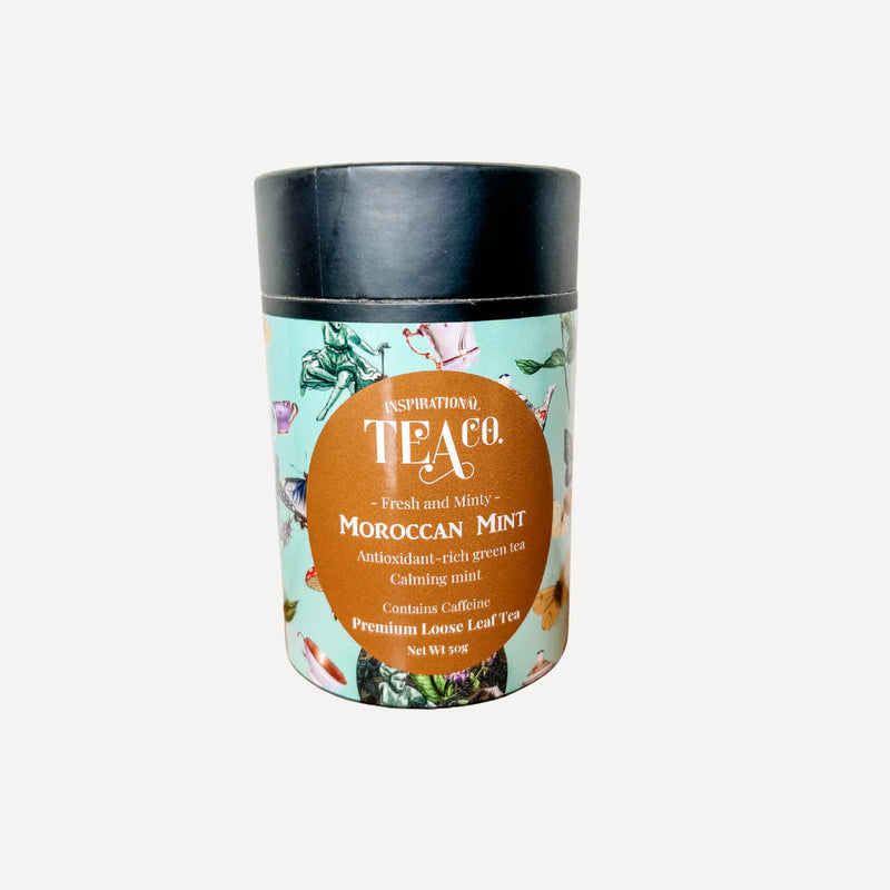 Moroccan Mint Loose Leaf 50g tea canister with 'Inspirational Tea Co.' branding on a white background. Inspirational Tea Co.