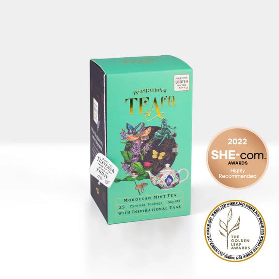 Moroccan Mint Pyramid Teabags 25pk green tea blend with peppermint and spearmint, biodegradable sugarcane teabags
