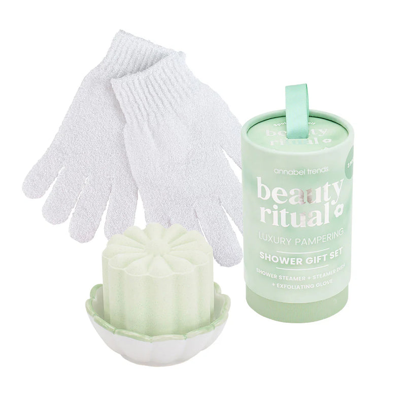 Exfoliating gloves, shower steamer, and scallop dish gift set for her