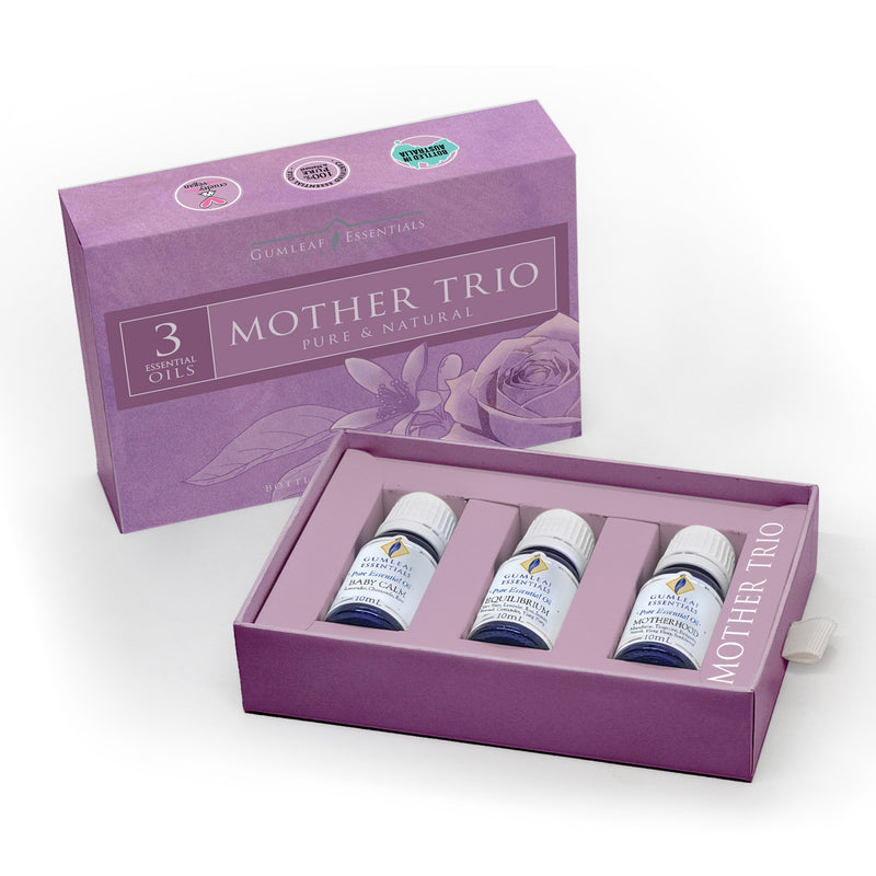 Gumleaf Essentials Mother Trio essential oil gift box containing three 10ml aromatherapy blends for mothers.
