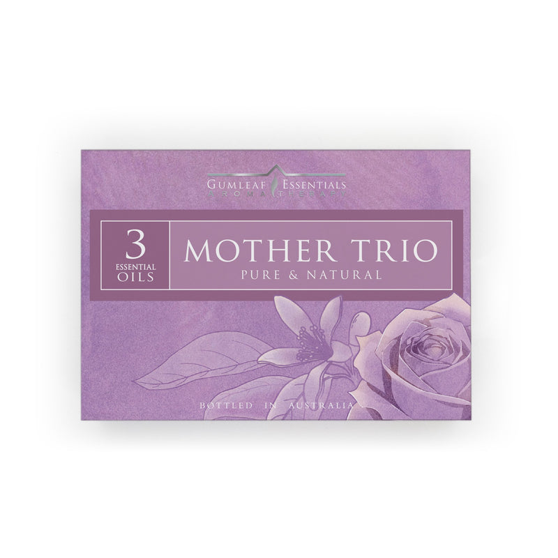 Mother Trio aromatherapy box set with three natural essential oil blends in a gift presentation box.