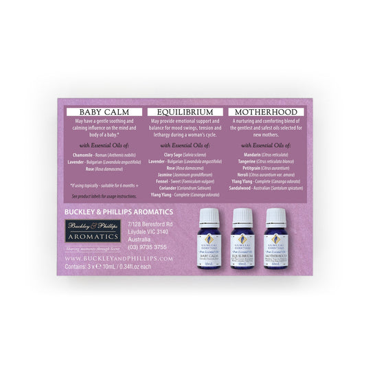 Australian bottled essential oil gift set featuring Baby Calm, Equilibrium and Motherhood blends.