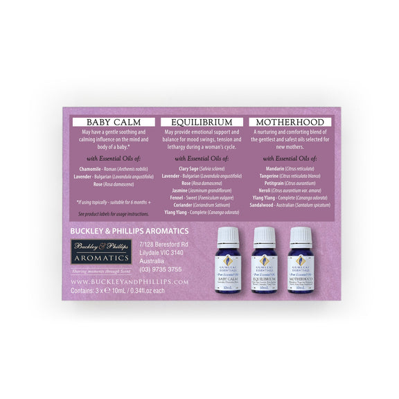 Australian bottled essential oil gift set featuring Baby Calm, Equilibrium and Motherhood blends.