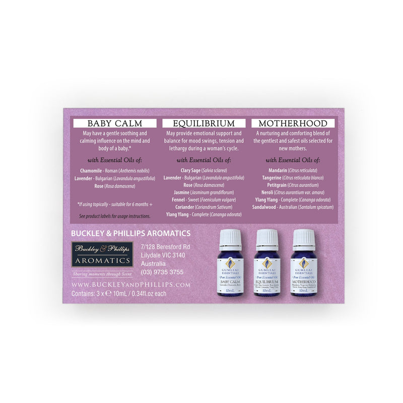 Australian bottled essential oil gift set featuring Baby Calm, Equilibrium and Motherhood blends.